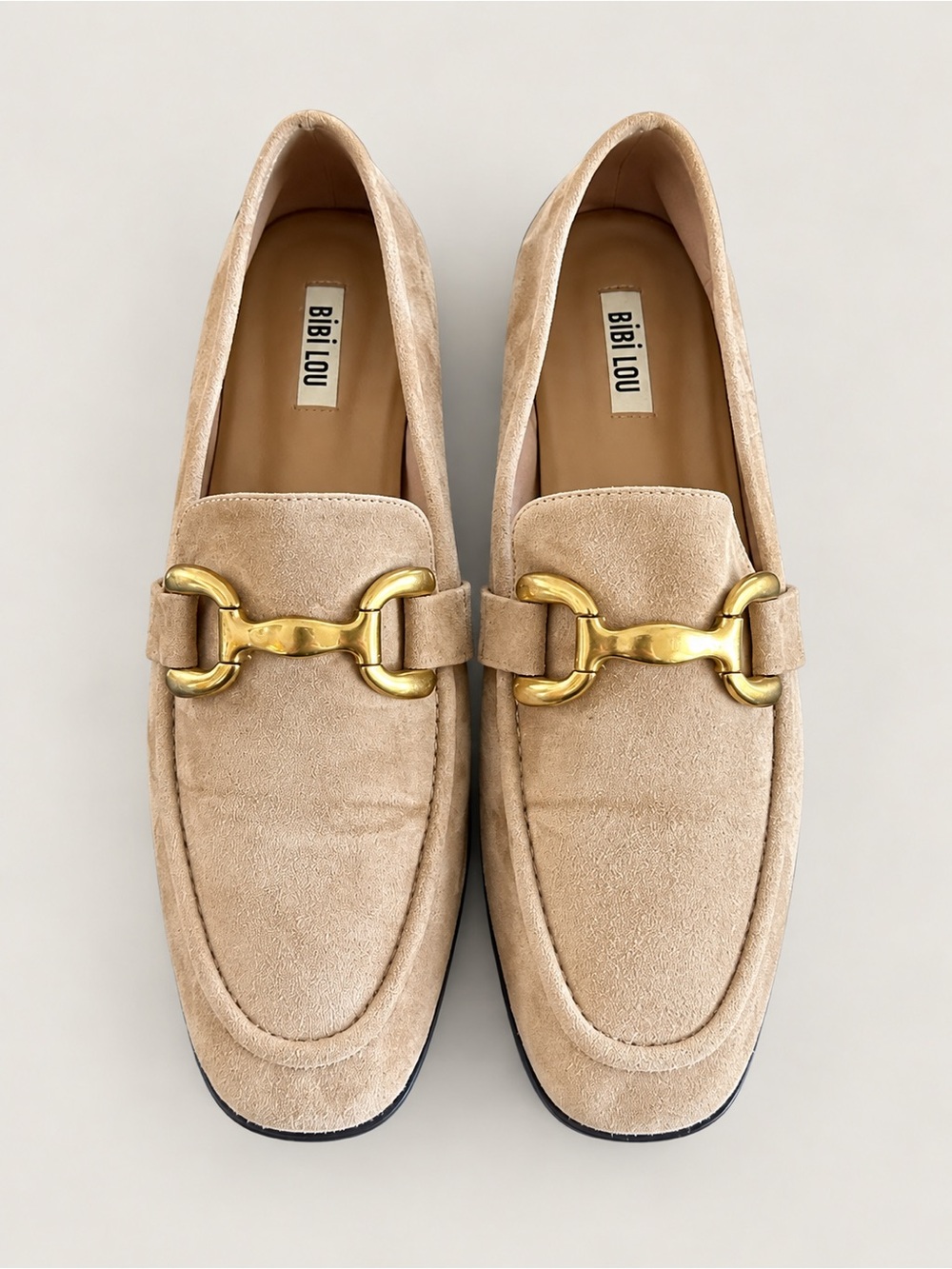 Bibi Lou Women’s Beige Suede Horsebit Loafers Gold Hardware EU 41